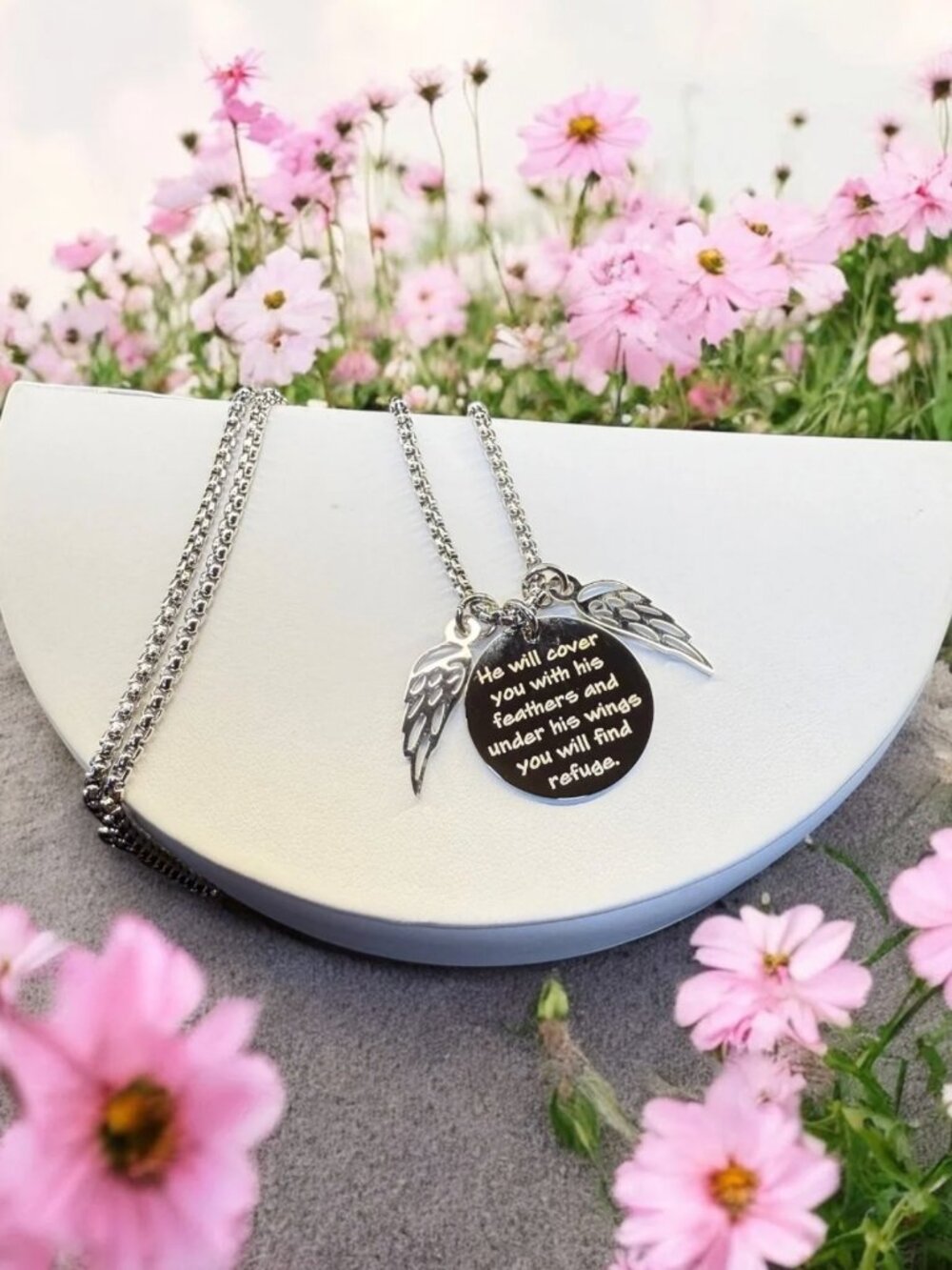 Psalm 91:4 Engraved Double Wings Necklace